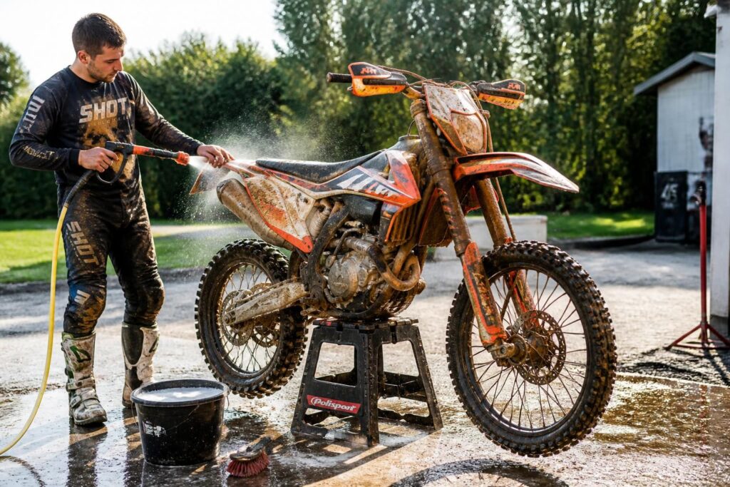 découvrez la méthode complète pour nettoyer efficacement votre moto de cross après chaque sortie et préserver ses performances.